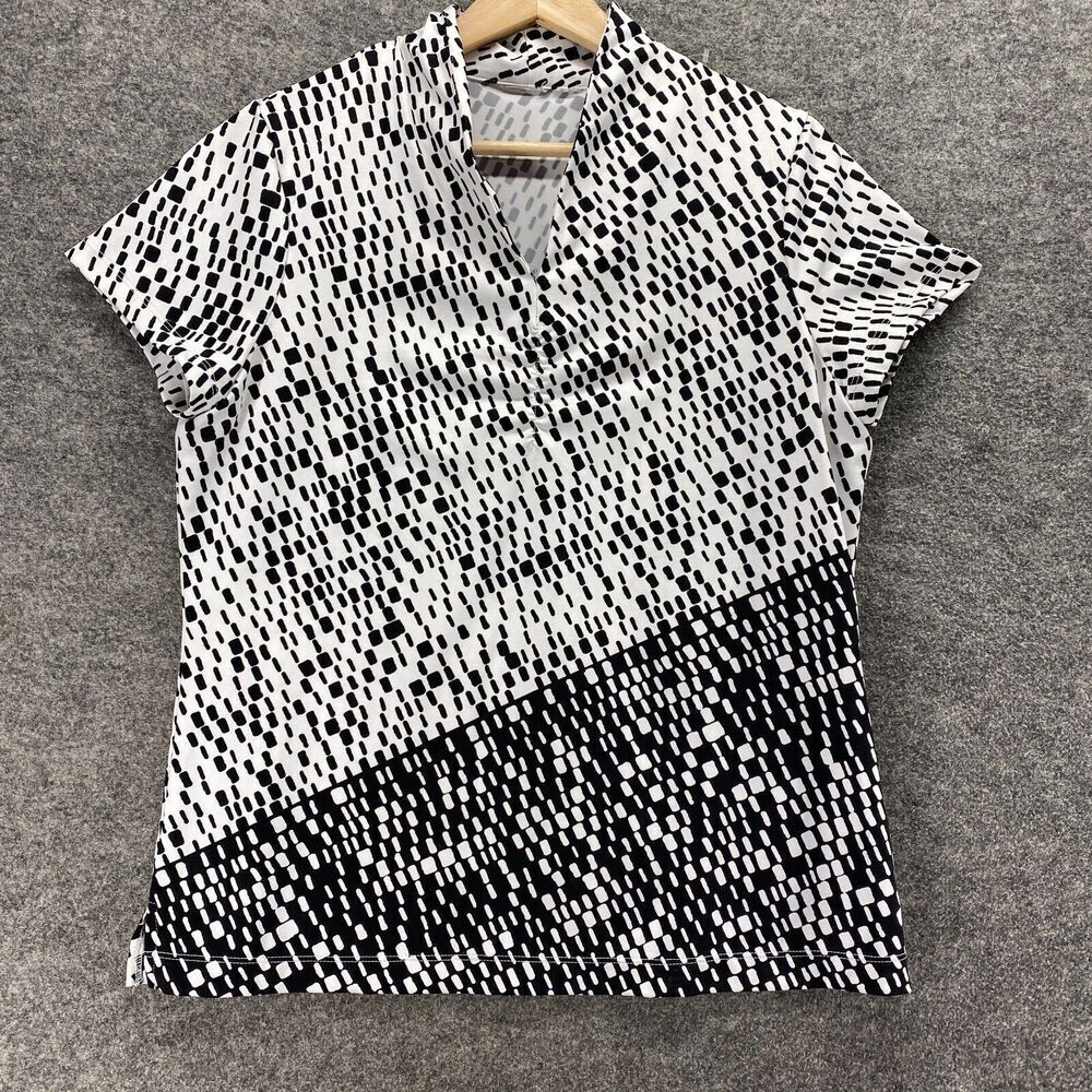 Chico's Blouse Women M Medium White Geometric V-Neck Short Sleeve Pullover